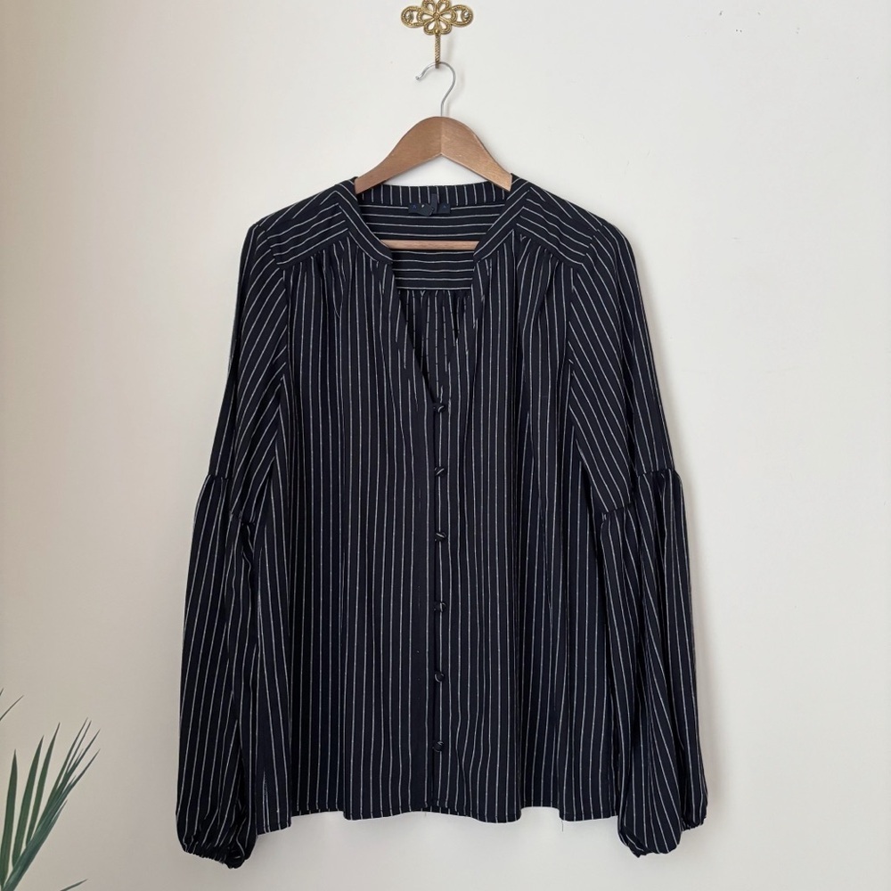 PAIGE Emilia Black & White Pinstripe Balloon Sleeve Top Large Minimalist Luxe